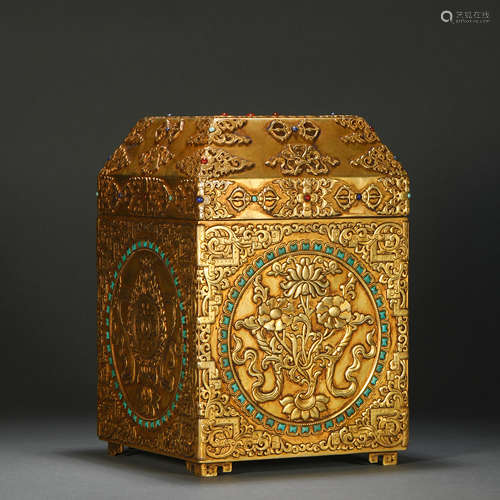 Qing Dynasty Buddhist Gilt Bronze Inlaid Gemstone Lid Box