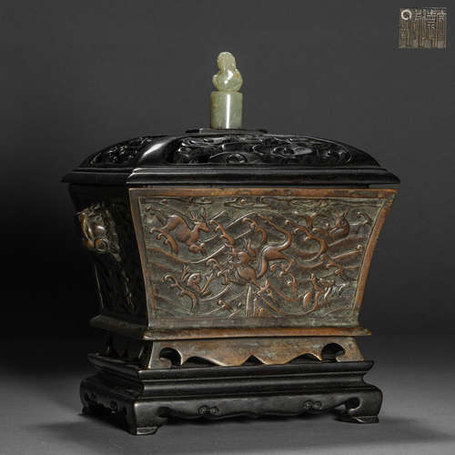 Ming Dynasty animal pattern copper furnace inlaid with red s...