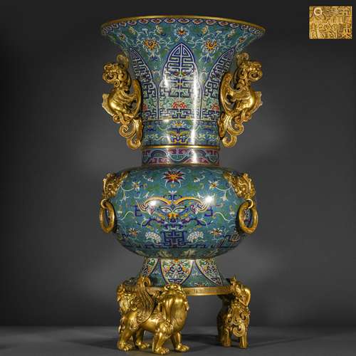 Qing Dynasty cloisonné enamel three animal-legged vase