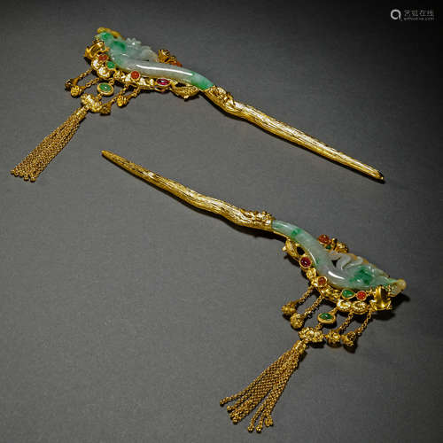 Qing Dynasty Gilt Bronze Inlaid Jade Hairpin