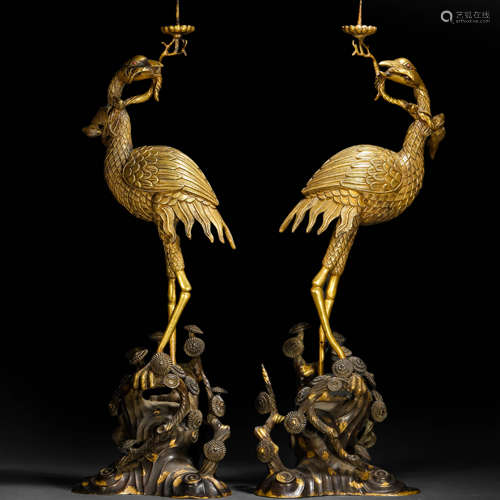 Ming Dynasty gilt bronze crane candle holder