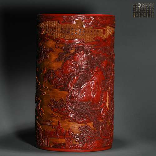 Qing Dynasty red lacquerware poetry and painting tube