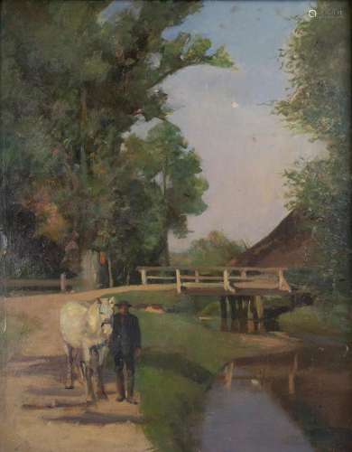 Emanuel Schaltegger (1857-1909),  Mann mit Schimmel am Fluss...