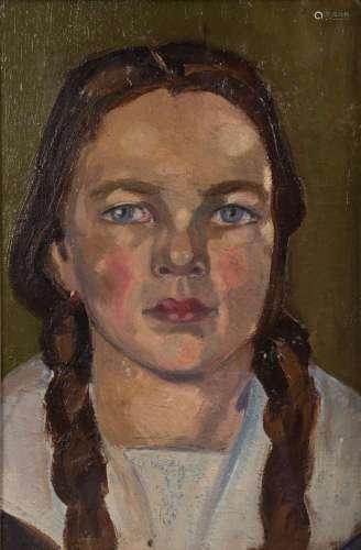 Otto Ditscher (1903-1987),  Mädchenporträt mit Flechtzöpfen ...