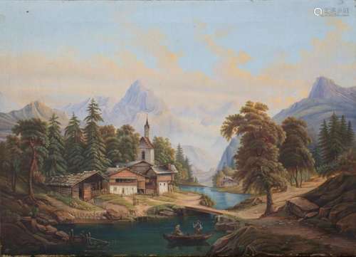 F.R. Haak,  Landschaft mit Bergsee und Fischerpaar  /  A lan...