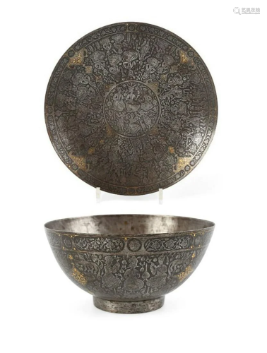 A Persian Tinned Copper and Gold Inlay Plate and Bowl
