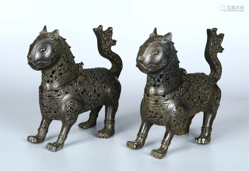 A Pair of Openwork Bronze Lion Censers