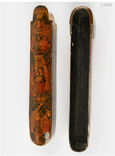 A Qajar Lacquer Penbox (Qalamdan) Depicting a Love Story