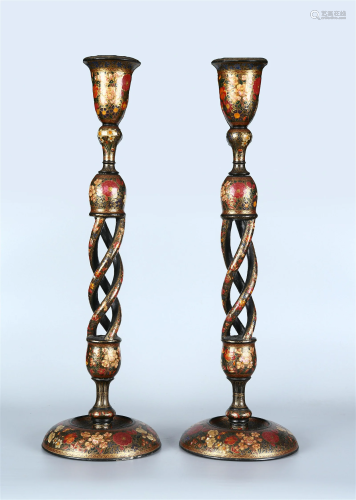 Three Persian Brass Lacquered Candlestick Holders