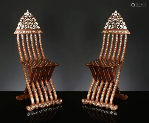 Two Damascus Mother of Pearl-inlaid Folding Wood Chairs