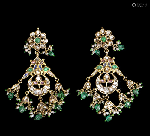 A Exquisite Pair of Gem-Set Gold Earhangers