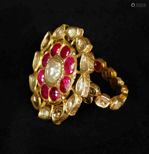 A Mughul Ruby and Diamond Gold Ring