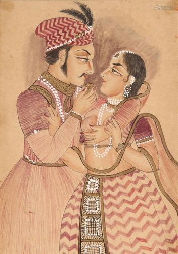 Rajput Painting of a Prince and his Nayika in Erotic Embrace