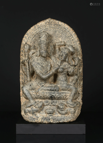 A Black Stone Stele of Shiva Parvati