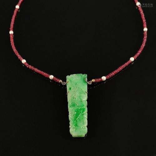 Jade carving on ruby necklace, 585/14K yellow gold, total we...