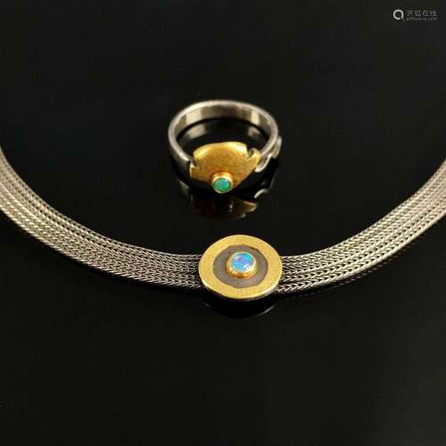 Modern goldsmith jewellery, opal/ sterling silver, 2 pieces,...