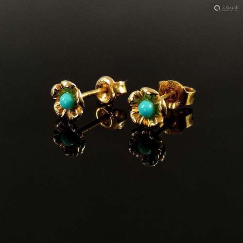 Pair of ear studs with turquoises, 585/14K yellow gold, 0,44...