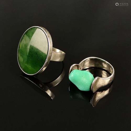 Two modern rings, one with a large oval dark green stone, di...