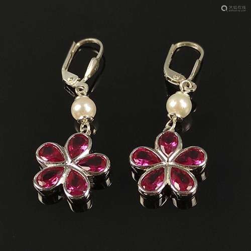 Ruby flower earrings with Akoya pearls, silver 925, 6g, beau...