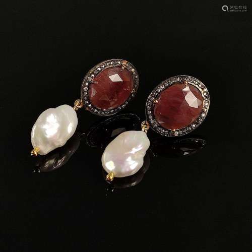 Designer sapphire- keshi pearl earrings, silver 925 in 585/1...