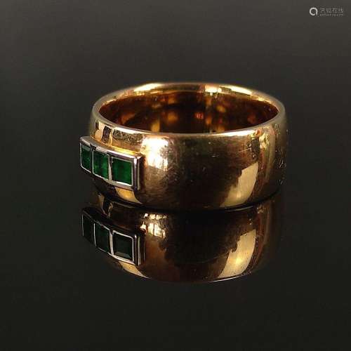 Modern emerald ring, 585/14K yellow gold, 14,3g, wide ring b...