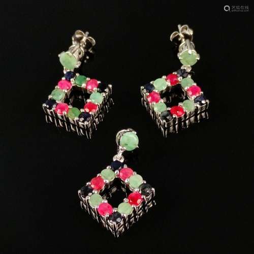 Tricolor gemstone set, emerald-ruby-sapphire, silver 925, ma...