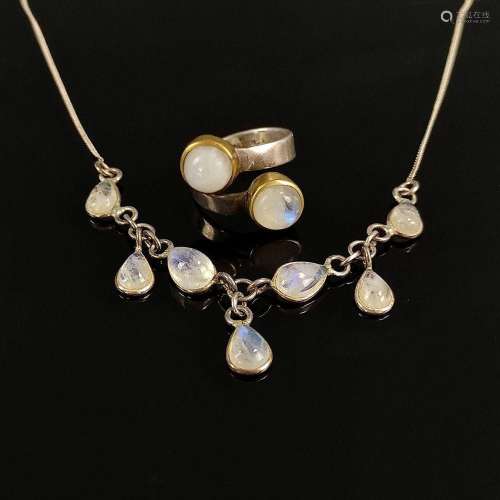 Moonstone jewellery, 2 pieces, sterling silver, total weight...