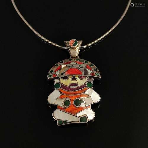 Pietra Dura/ mother of pearl pendant, on snake chain with in...