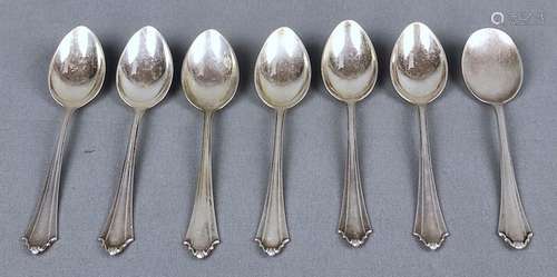 6 coffee spoons and one sugar spoon, silver 800, with finial...