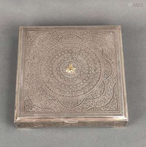 Iranian rectangular lidded box, elaborate chased fine decora...