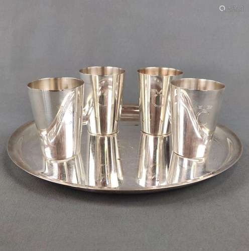 4 silver cups on tray, sterling silver/835 silver (tray), Wi...