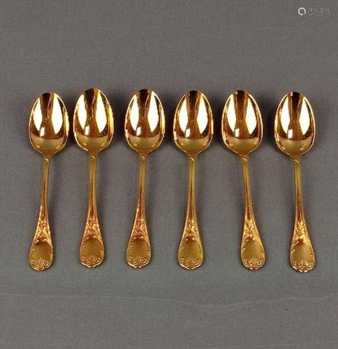 6 Mocca spoons, Christofle Paris, gold-plated, length 10cm e...