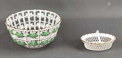 Two baskets, Herend, decoration Apponyi in green, one bowl o...