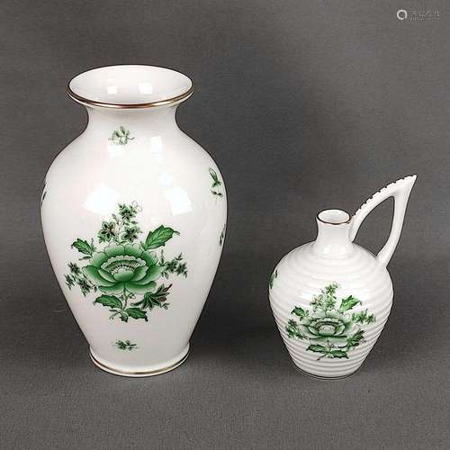 Two vases, Herend, decor Apponyi in green, one with handle, ...