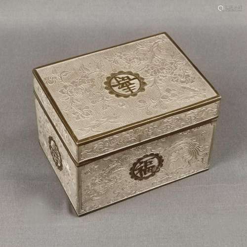 Tea caddy, China, pewter, relief decoration with floral moti...
