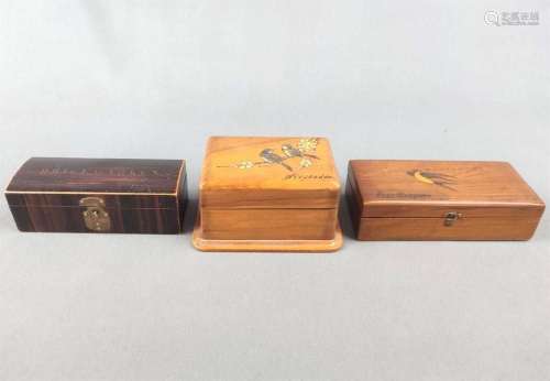 Set of three small wooden caskets, one rectangular hinged fo...