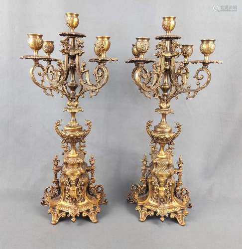 Pair of candlesticks, 5 flames, plastically worked with drag...