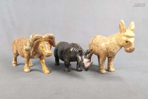 3 stone animals, consisting of donkey, ca. 14x15x5,5cm, wate...