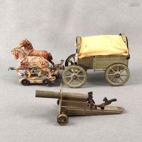Covered wagon 2-horse with 2 riders (one without head), shee...