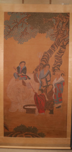 A Fine Figure Silk Scroll Painting By Guan Xiu