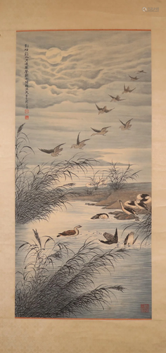 A Fine Cormorant& Goose Scroll Painting By Tao Lengyue