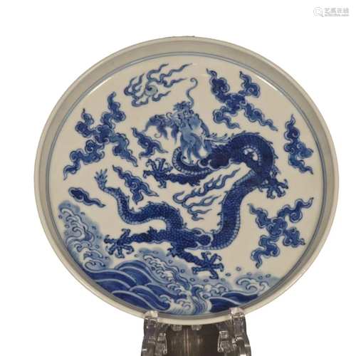 A Fine Blue And White Seawater Dragon High-foot Plate