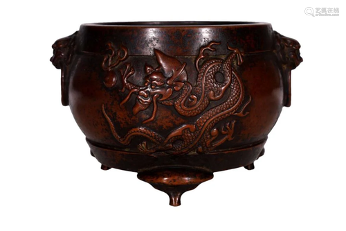 A Wonderful Dragon Tripod Drum-form Copper Furnace