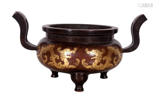 A Fine Copper Gilt Dragon "Bagua" Censer