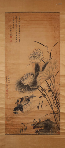 A Lovely Duck playing in the Lotus Pond Scroll Painting By Z...