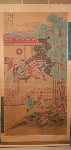 A Fine Figure Silk Scroll Painting By Tang Yin