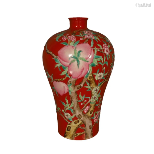 A Lovely Red-ground Famille-rose Peach Vase