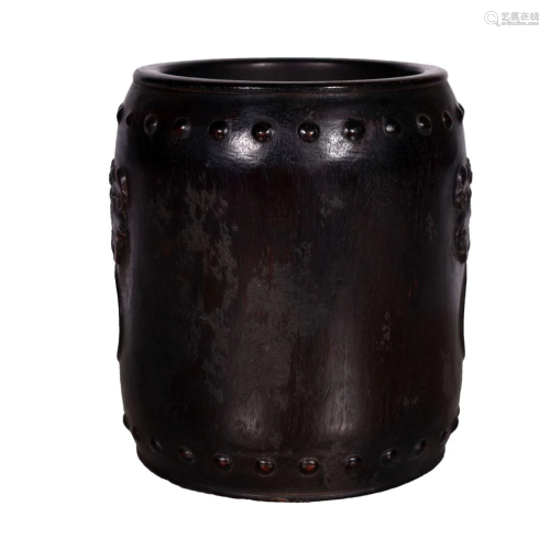 A Fine Zitan Wood Beast-shaped Drum-nail Brush Pot