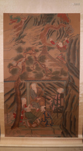 A Fine Figure of Luohan Silk Scroll Painting By Ding Guanpen...