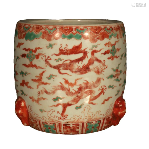 A Lovely Red Green Color Dragon Brush Pot